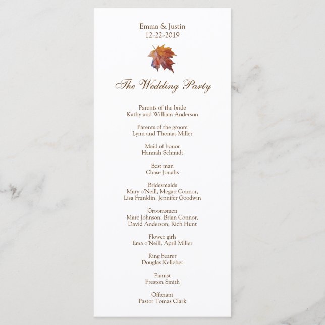 Fall Wedding Watercolor Leaf Rackckard Programme (Front)