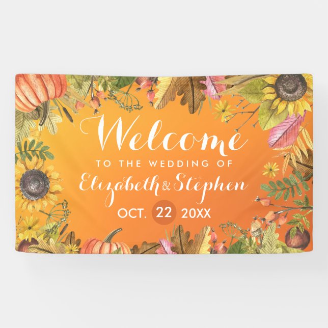 Fall Wedding Welcome Autumn Maple Leaves Pumpkins Banner (Horizontal)
