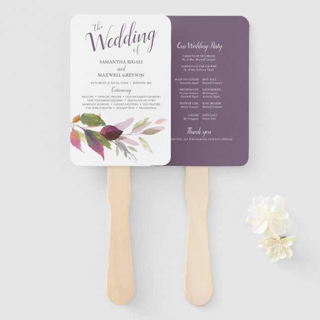 Fall Wedding With Purple Watercolor Leaves Hand Fan (Front and Back)