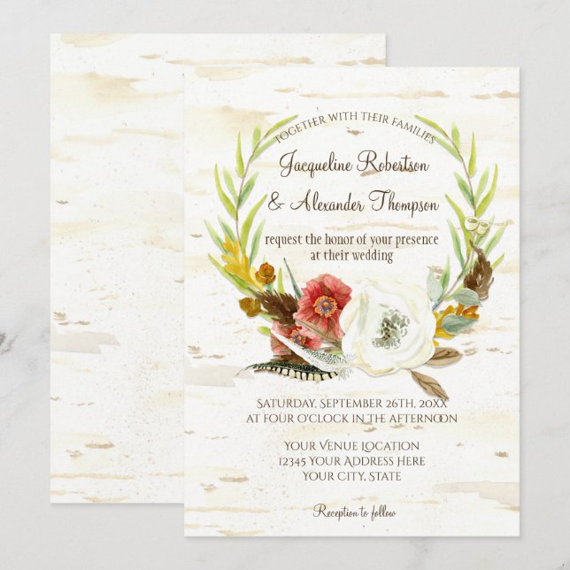 Fall Wedding Wreath Boho Feather Birch Bark Poppy Invitation (Front/Back)