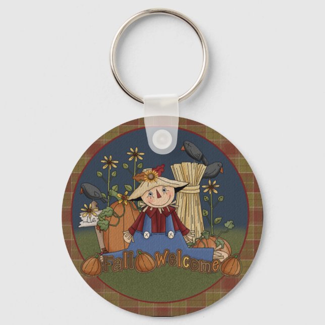 "Fall Welcome" Autumn Scarecrow Keychain (Front)