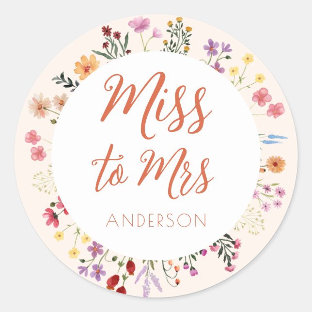 Fall whimsical Wildflower Ms to Mrs Bridal Shower Classic Round Sticker (Front)