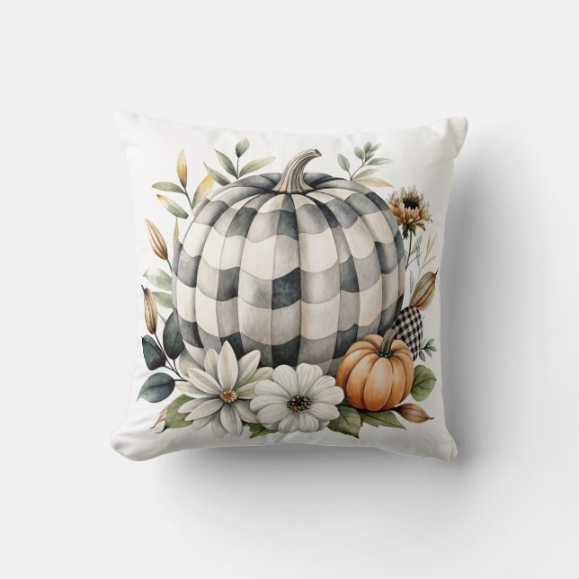 Fall White and Black Wavy Check Pumpkin Cushion (Front)