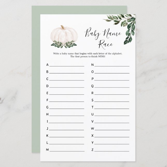 Fall White Pumpkin Baby Name Race Game Cards (Front/Back)