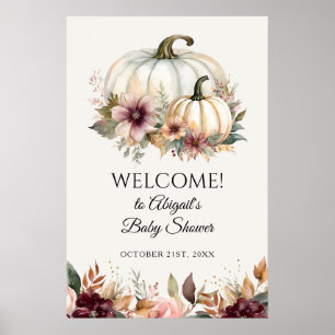 Fall White Pumpkin Burgundy Floral Welcome Sign