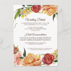 Fall White Pumpkin Floral Burgundy Wedding Details Enclosure Card