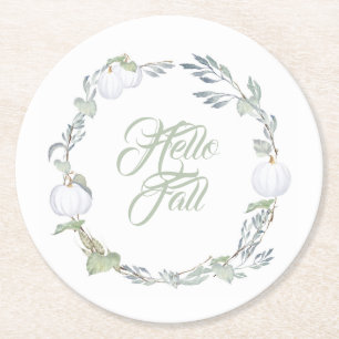 Fall White Pumpkin & Greenery Round Paper Coaster