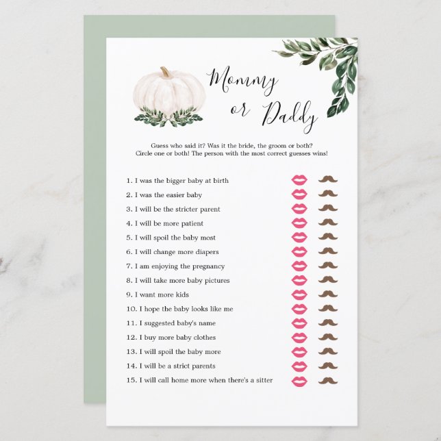 Fall White Pumpkin Mummy Or Daddy Game Cards (Front/Back)