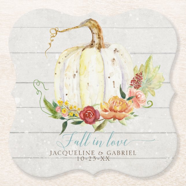 Fall White Pumpkin Red Floral Autumn Wood Wedding Paper Coaster (Front)
