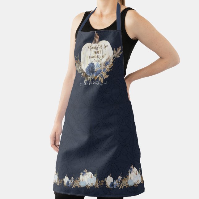 Fall White Pumpkin Rustic Leaves Navy Blue Floral Apron (Insitu)