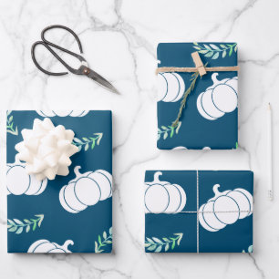 Fall White Pumpkins & Green Laurels Wrapping Paper Sheet