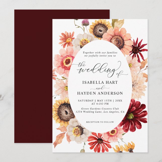  Fall Wild Floral Sunflowers & Burgundy Wedding Invitation (Front/Back)
