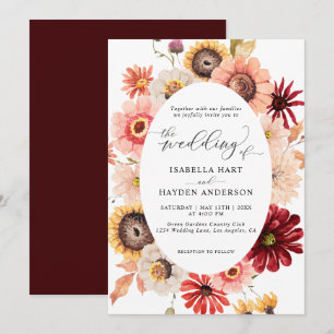 Fall Wild Floral Sunflowers & Burgundy Wedding Invitation