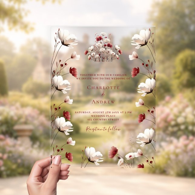 Fall wildflower burgundy cream boho clear wedding acrylic invitations (Creator Uploaded)