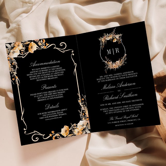 Fall Wildflower Crest Black QR Code Wedding Invitation (Creator Uploaded)