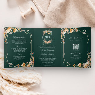 Fall Wildflower Crest Emerald QR Code Wedding Tri-Fold Invitation