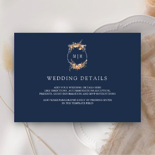 Fall Wildflower Crest Navy Blue Wedding Details Enclosure Card
