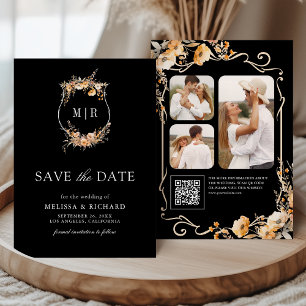 Fall Wildflower Crest QR Code Black Wedding Save The Date