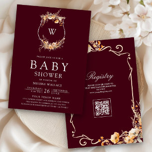 Fall Wildflower Crest QR Code Burgundy Baby Shower Invitation
