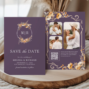 Fall Wildflower Crest QR Code Dusty Purple Wedding Save The Date