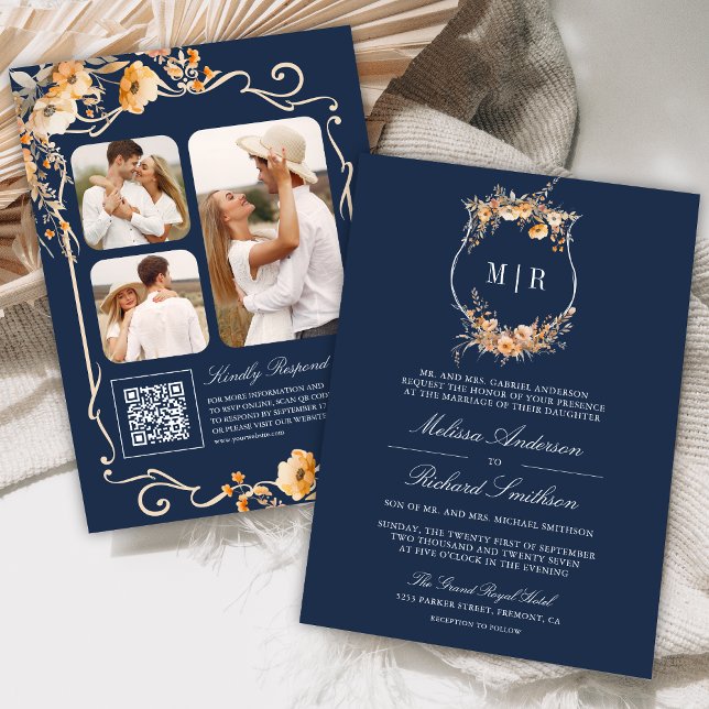 Fall Wildflower Crest QR Code Navy Blue Wedding Invitation (Creator Uploaded)