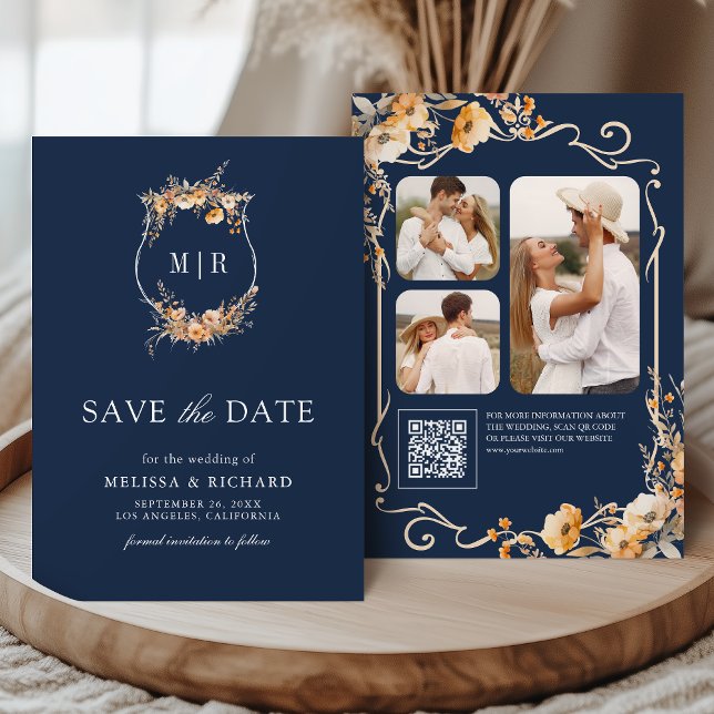 Fall Wildflower Crest QR Code Navy Blue Wedding Save The Date (Creator Uploaded)