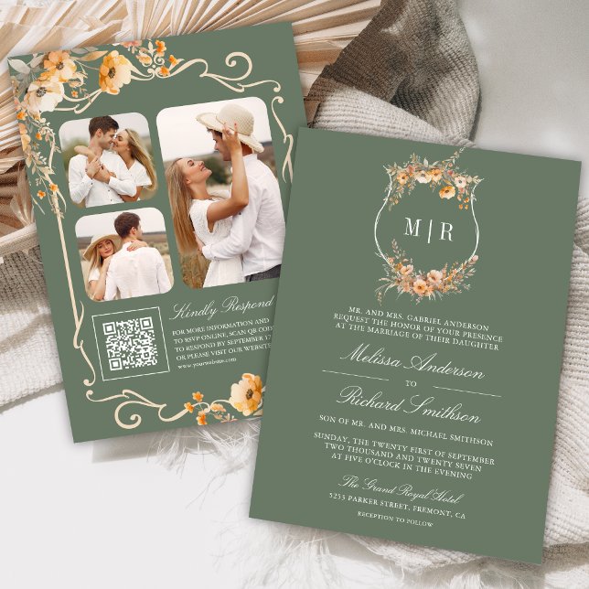 Fall Wildflower Crest QR Code Sage Green Wedding Invitation (Creator Uploaded)