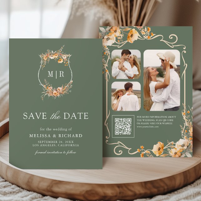 Fall Wildflower Crest QR Code Sage Green Wedding Save The Date (Creator Uploaded)