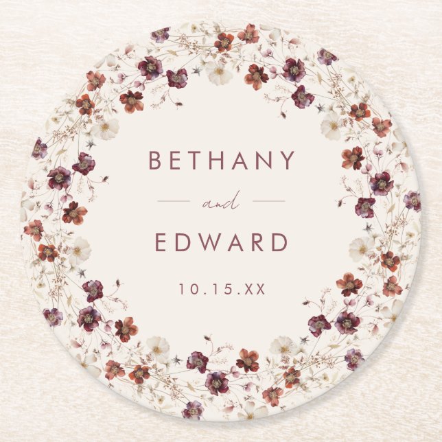 Fall Wildflower Field Beige Wedding Round Paper Coaster (Front)