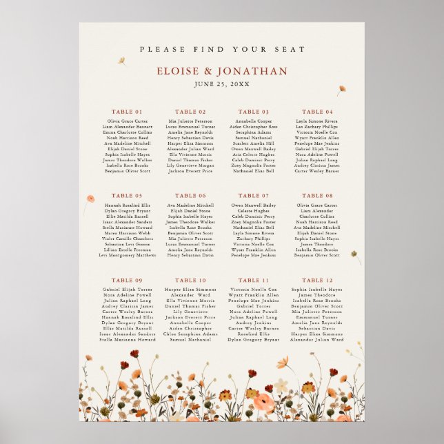 Fall Wildflower Garden Boho Wedding Seating Chart (Front)