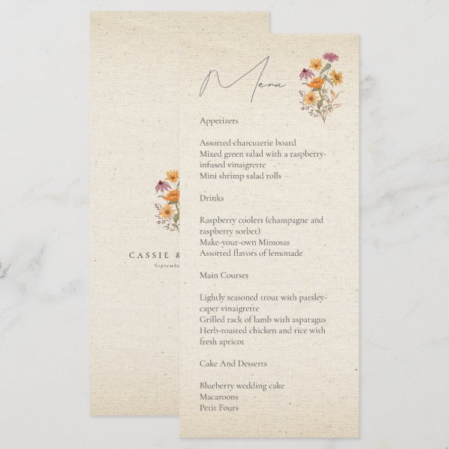 Fall Wildflower Garden Botanical Wedding Menu (Front/Back)