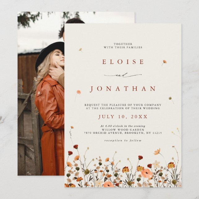 Fall Wildflower Garden Floral Boho Photo Wedding Invitation (Front/Back)