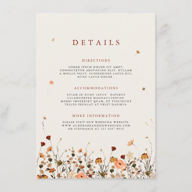 Fall Wildflower Garden Floral Boho Wedding Details Enclosure Card (Front)