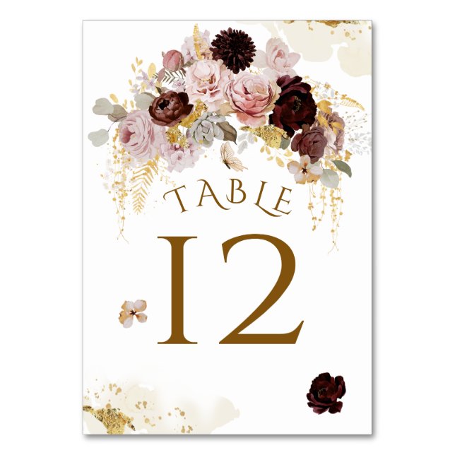 Fall Wildflower Gold Floral Bridal Shower  Table Number (Front)