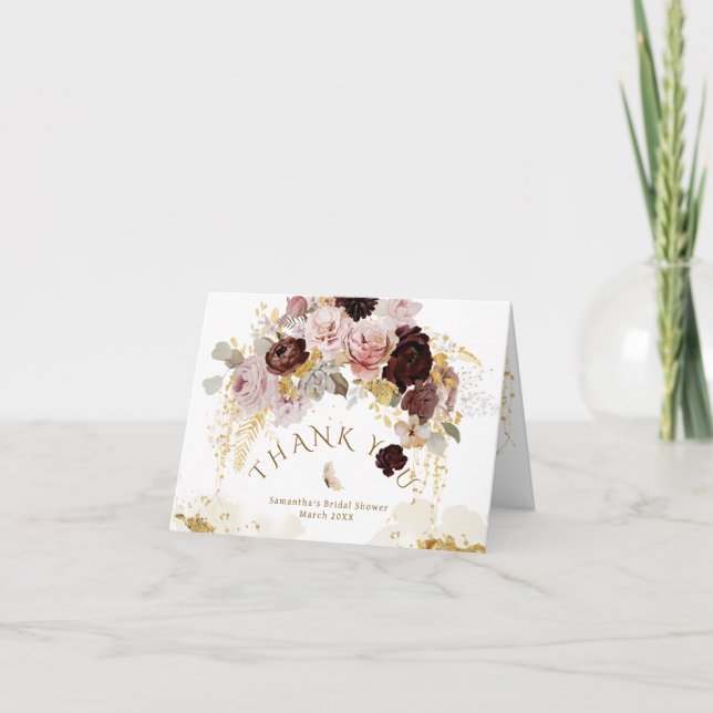 Fall Wildflower Gold Floral Bridal Shower Thank You Card (Front)
