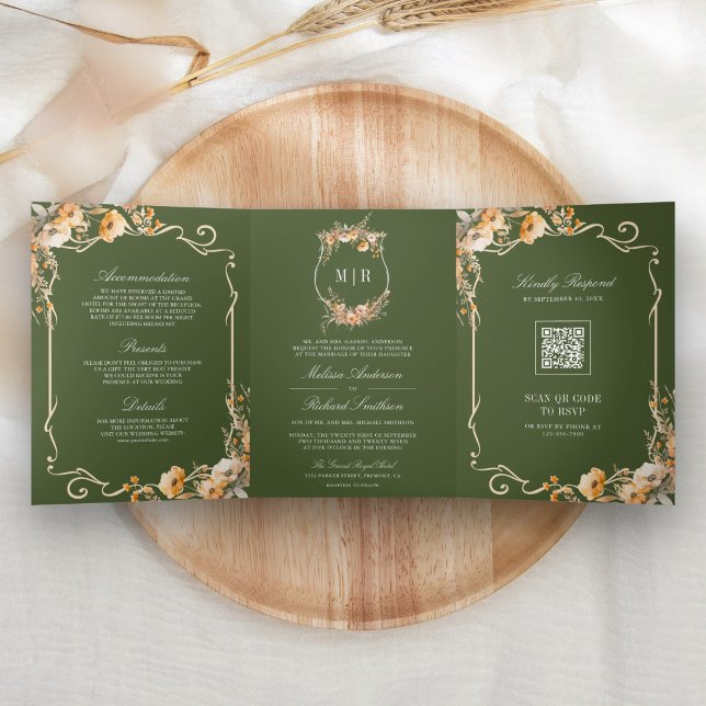 Fall Wildflower Olive Green QR Code Wedding Tri-Fold Invitation (Creator Uploaded)