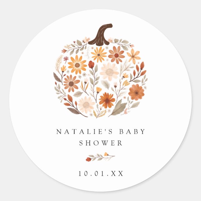 Fall Wildflower Pumpkin Baby Shower Classic Round Sticker (Front)