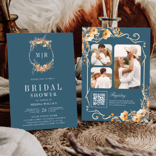 Fall Wildflower QR Code Dusty Blue Bridal Shower Invitation