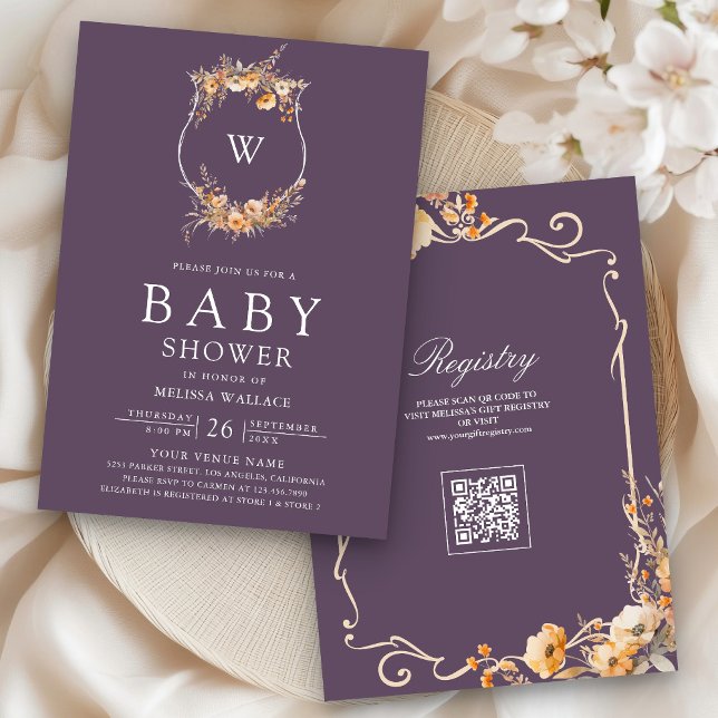 Fall Wildflower QR Code Dusty Purple Baby Shower Invitation (Creator Uploaded)