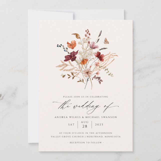 Fall Wildflowers Bouquet Vintage Wedding Invitation (Front)