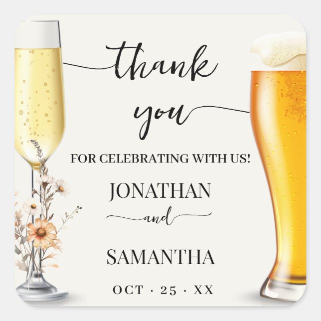 Fall Wildflowers Bubbles & Brews Thank You Shower Square Sticker (Front)