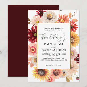 Fall Wildflowers Burgundy Gold Colorful Wedding Invitation