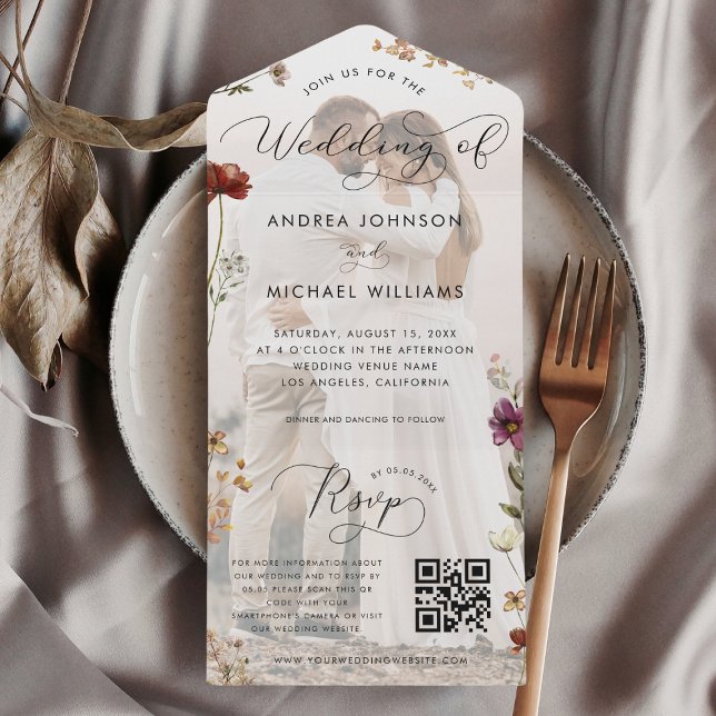 Fall Wildflowers Chic Photo QR Code Autumn Wedding All In One Invitation (Creator Uploaded)