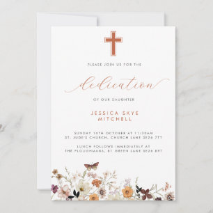 Fall Wildflowers Cross & Script Baby Dedication Invitation