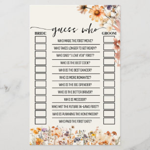 Fall Wildflowers Guess Who Bridal Shower Game Card