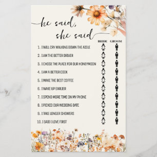 Fall Wildflowers He Said She Said Shower Game Card