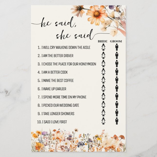 Fall Wildflowers He Said She Said Shower Game Card (Front)