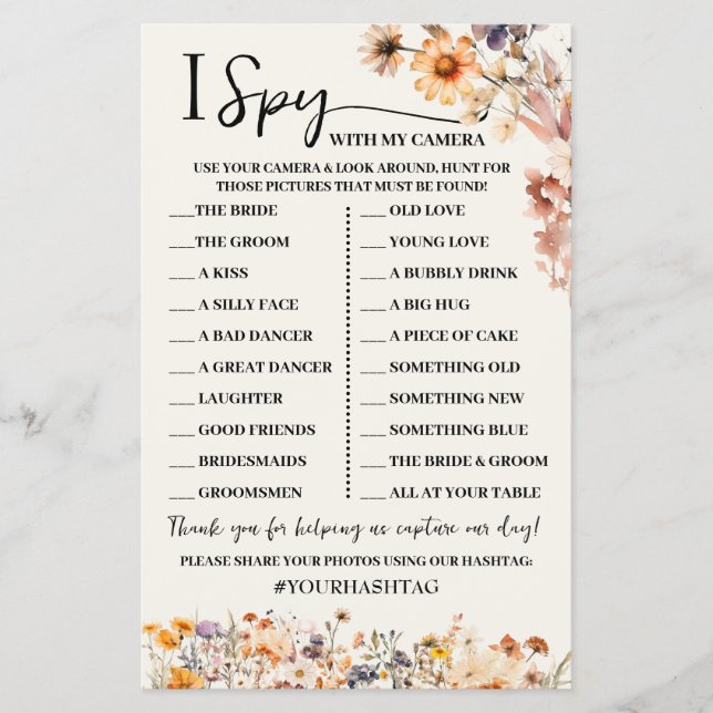 Fall Wildflowers I Spy Wedding Reception Game Card (Front)