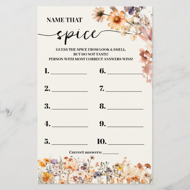 Fall Wildflowers Name that Spice Shower Game Card (Front)