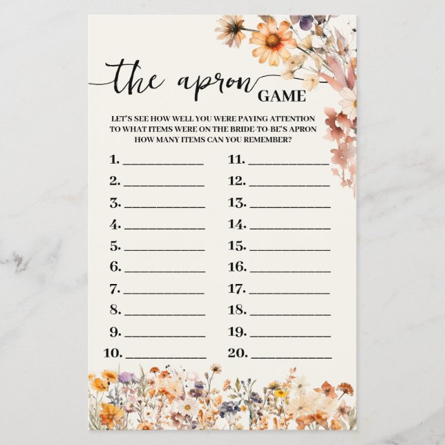 Fall Wildflowers The Apron Bridal Shower Game Card (Front)